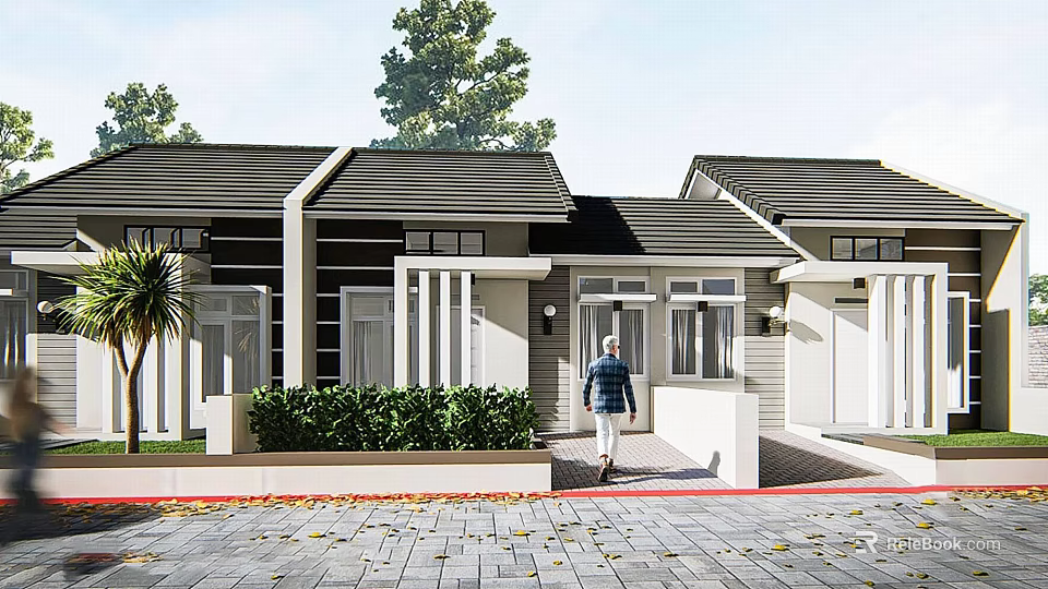 Modern Detached Villa Exterior With Black Roof White Walls Green Plants And Stone Pavement 3d model 