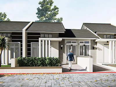Modern Detached Villa Exterior With Black Roof White Walls Green Plants And Stone Pavement 3d model