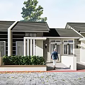 Modern Detached Villa Exterior With Black Roof White Walls Green Plants And Stone Pavement