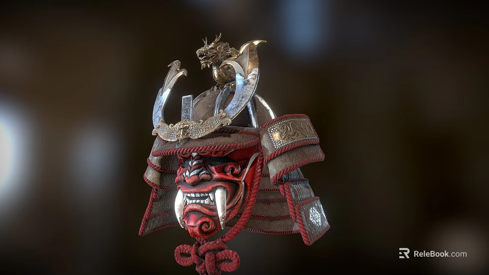 Samurai Helmet With Fanged Red Mask And Dragon Ornament Traditional Design 3d model 