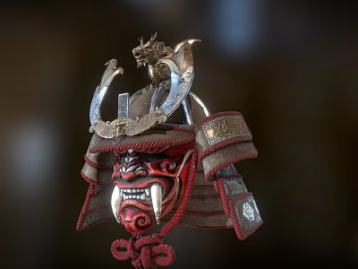 Samurai Helmet With Fanged Red Mask And Dragon Ornament Traditional Design 3d model