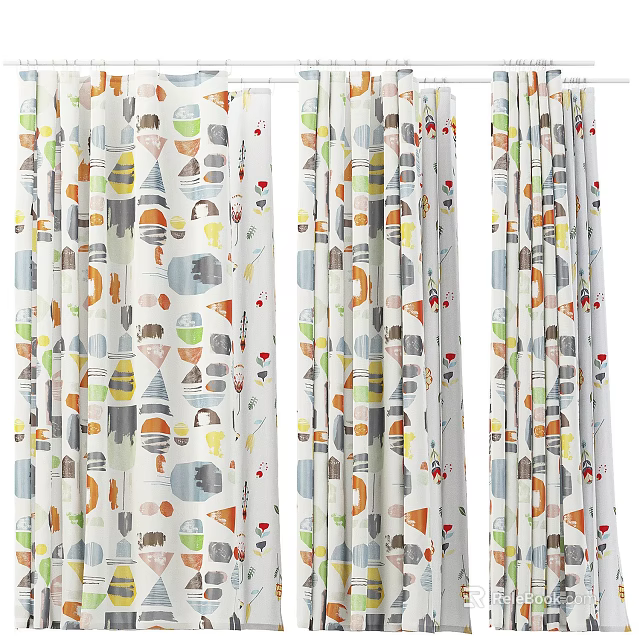 Colorful Cartoon Pattern Curtains With Little Houses Ice Cream For Kids Room Decor 3d model 