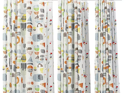 Colorful Cartoon Pattern Curtains With Little Houses Ice Cream For Kids Room Decor 3d model