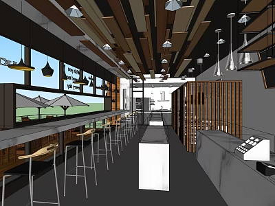 Modern Café Interior With Wooden Ceiling Bar Counter Bar Stools And Pendant Lights 3d model