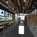 Modern Café Interior With Wooden Ceiling Bar Counter Bar Stools And Pendant Lights