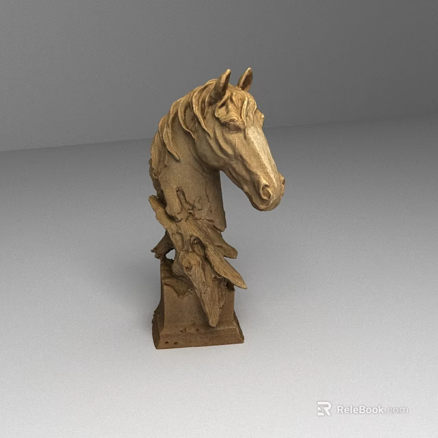 Handcrafted Wooden Horse Head Sculpture With Detailed Carving And Square Base 3d model 