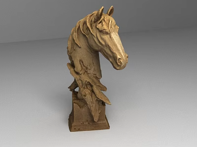 Handcrafted Wooden Horse Head Sculpture With Detailed Carving And Square Base 3d model