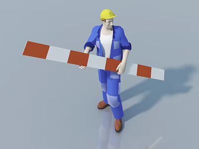 Game Character Blue Work Uniform With Yellow Hard Hat Holding Red White Barrier Pole 3d model