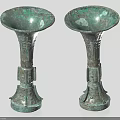 Two Piece Vintage Bronze Decorative Ornament Set With Tall Base And Intricate Carvings