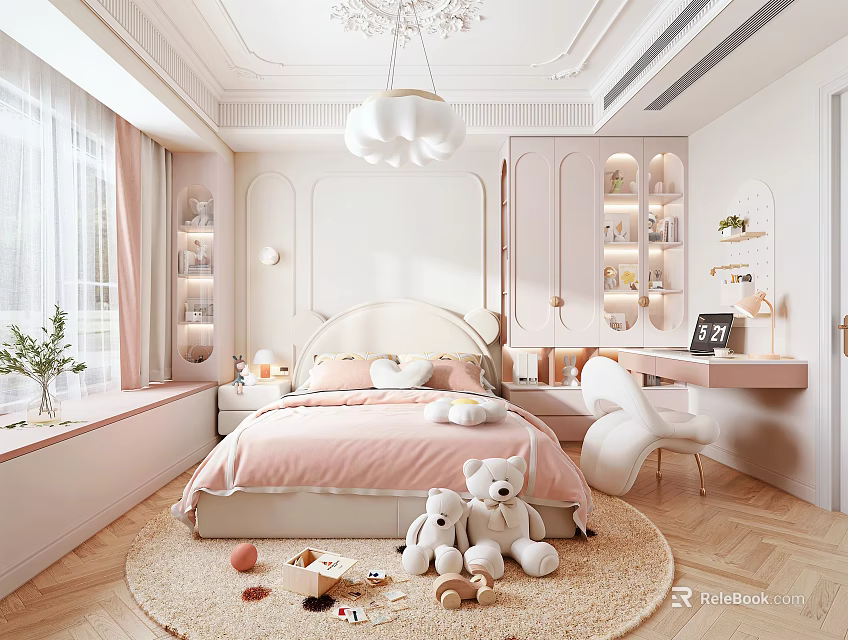 Dreamy Pastel Pink Kids Bedroom With Bed Stuffed Toys And Round Rug 3d model 