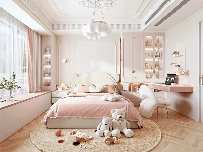 Dreamy Pastel Pink Kids Bedroom With Bed Stuffed Toys And Round Rug 3d model