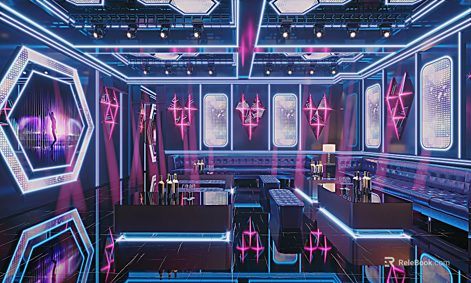 Modern KTV Interior Design With Neon Lights Comfortable Sofas And Bar Counter 3d model 