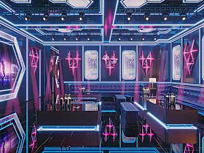 Modern KTV Interior Design With Neon Lights Comfortable Sofas And Bar Counter 3d model