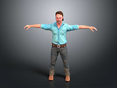 A Man In Blue Shirt With Headphones Stretching Arms Wearing Jeans And Brown Boots 3d model