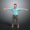 A Man In Blue Shirt With Headphones Stretching Arms Wearing Jeans And Brown Boots