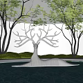 Landscape Sculpture Silver Deer Head With Branch Like Antlers On Water Surface Trees And Grass