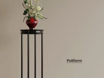 Red Vase with Fresh Flowers on Black Metal Pedestal Against Light Neutral Wall by Poliform 3d model