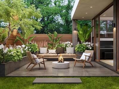 Tranquil Courtyard Garden With Outdoor Sofa Chairs Fire Pit Wooden Fence and Lush Greenery 3d model
