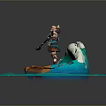 Mythical Warrior Figure With Double Blades Standing On Rocky Base Surrounded By Turquoise Waves