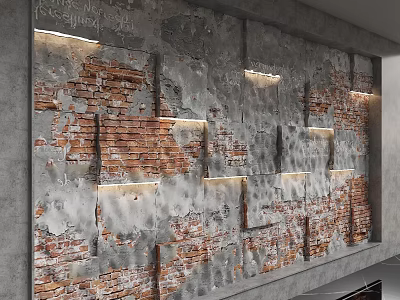 Industrial Style Background Wall Featuring Exposed Brick Concrete Panels And Strip Lighting 3d model