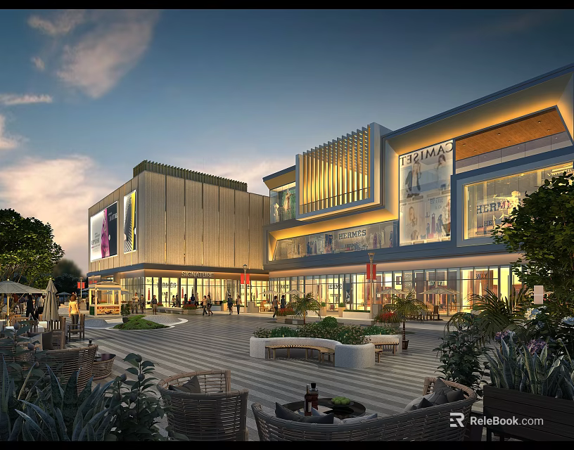 Modern Commercial Complex With Glass Facades Illuminated Exterior Outdoor Plaza Seating Areas And Greenery 3d model 