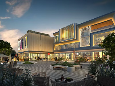 Modern Commercial Complex With Glass Facades Illuminated Exterior Outdoor Plaza Seating Areas And Greenery 3d model