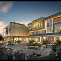 Modern Commercial Complex With Glass Facades Illuminated Exterior Outdoor Plaza Seating Areas And Greenery