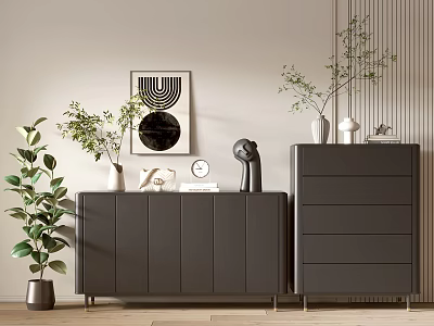 Modern Gray Entryway Cabinet And Side Chest Of Drawers With Green Plants Decorative Painting Clock Sculpture 3d model