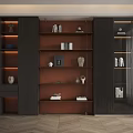 Elegant Modern Decorative Cabinet With Dark Wood Frame Glass Doors And Shelves Displaying Books Artworks
