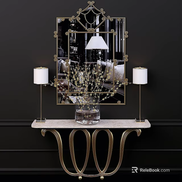 Elegant Entryway with Gold Framed Mirror Marble Table Floral Vase and White Lamps 3d model 