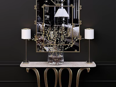 Elegant Entryway with Gold Framed Mirror Marble Table Floral Vase and White Lamps 3d model