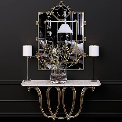 Elegant Entryway with Gold Framed Mirror Marble Table Floral Vase and White Lamps 3d model