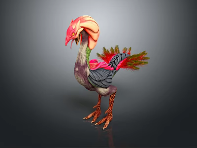 Vibrant Feathered Flying Animal with Red Head and Colorful Plumage on Dark Background 3d model