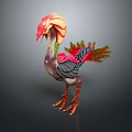Vibrant Feathered Flying Animal with Red Head and Colorful Plumage on Dark Background