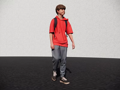 Young man standing in red hoodie gray pants with black backpack on gray background black floor 3d model