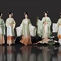 Women in green and white Hanfu with gradient skirts elaborate hairpieces holding fans and flowers