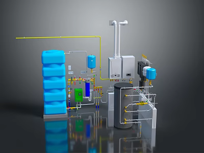 Industrial Equipment System With Blue Water Storage Tanks Pipes White Control Box And Valves 3d model
