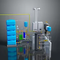 Industrial Equipment System With Blue Water Storage Tanks Pipes White Control Box And Valves