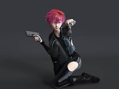 Game Movie Character With Pink Hair In Black Outfit Kneeling And Holding Guns 3d model