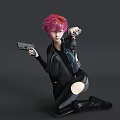 Game Movie Character With Pink Hair In Black Outfit Kneeling And Holding Guns 3d model