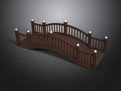 Wooden Garden Arch Bridge With Curved Railing And White Spherical Accents 3d model
