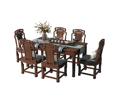 Chinese Style Wooden Dining Table Set With Carved Chairs Flower Vase And Tableware 3d model