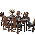 Chinese Style Wooden Dining Table Set With Carved Chairs Flower Vase And Tableware