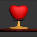 Red Human Heart Organ With Hair Like Support Structures On Wooden Base Platform