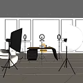Modern Public Office Space With Red Desk Yellow Chair Tripod Mounted Ring Lights And Sofa