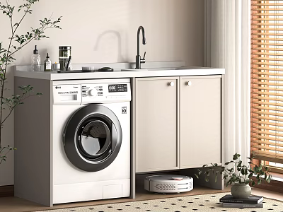 Modern Balcony Cabinet Design With Washing Machine Sink Storage And Decorative Plants 3d model