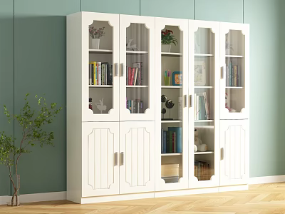 White Bookcase With Glass Doors Wooden Cabinets Books Decorations Green Wall And Wooden Floor 3d model