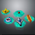 Children Having Fun With Colorful Water Toys Rubber Duck Red Ball Shark Float Airplane Hotdog