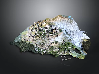 Detailed 3D Mountain Terrain Model With Buildings Vegetation And Rocky Slopes 3d model