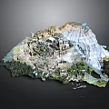 Detailed 3D Mountain Terrain Model With Buildings Vegetation And Rocky Slopes
